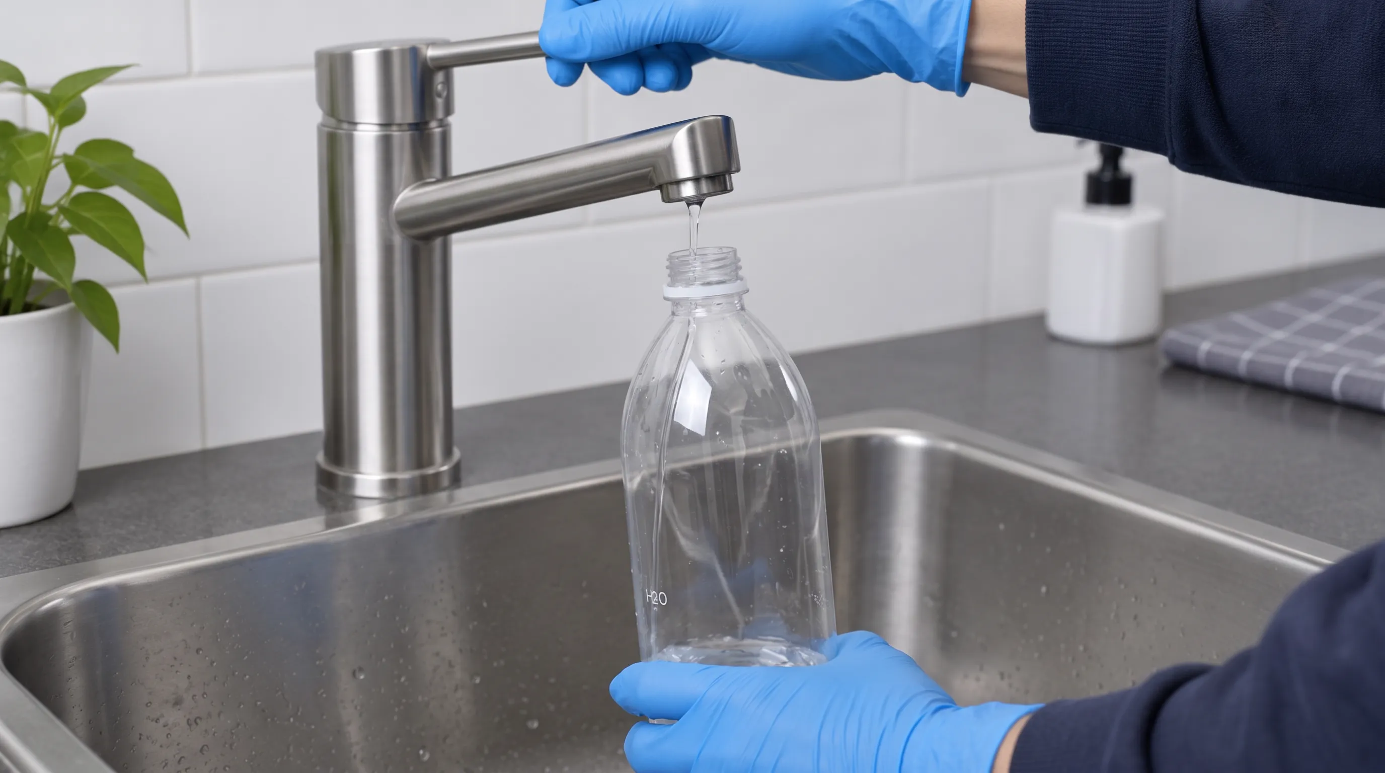 Отбор пробы воды из крана тонкой струёй в чистую пластиковую бутылку, руки в перчатках